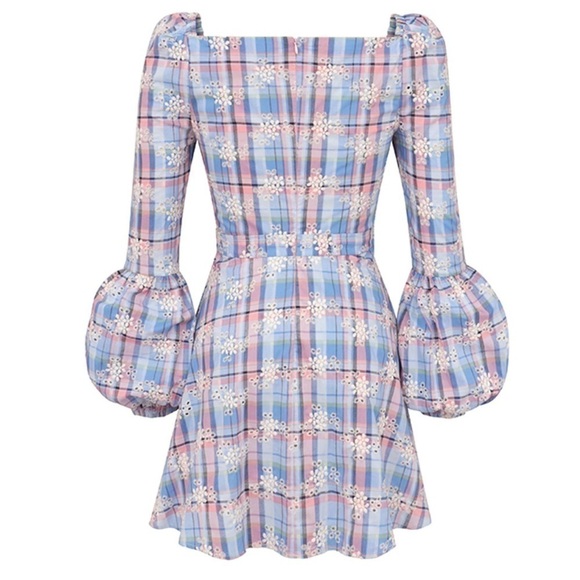 Autumn Adeigbo Catira Check Eyelet Puff-Sleeve Mini Dress in Blue Eyelet Print - Picture 5 of 10